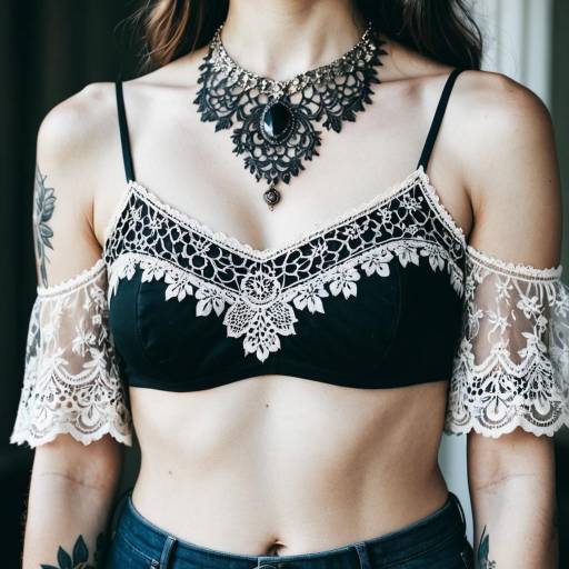 Woman in Black Lace Crop Top and Statement Necklace