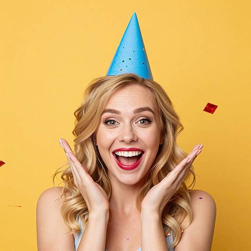 Photograph of a smiling blonde woman with curly hair, blue party hat, red lipstick, and hands up, against a bright yellow background. Red conf