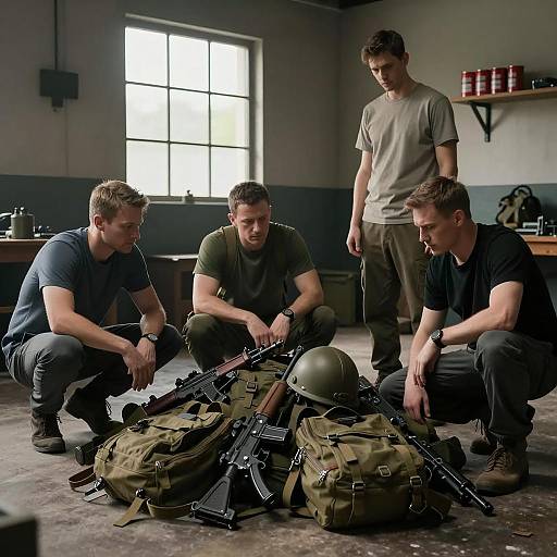 Intense Military Gear Examination in Shadows