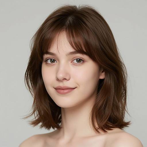 Photograph of a young woman with fair skin, brown shoulder-length hair, and light brown eyes, smiling softly against a plain light blue background.