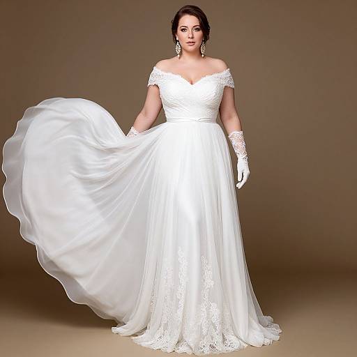 Photograph of a woman in an off-shoulder, white, lace-trimmed wedding gown with long gloves, swirling skirt, and elegant up