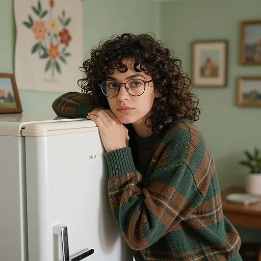 Pensive woman leaning on refrigerator