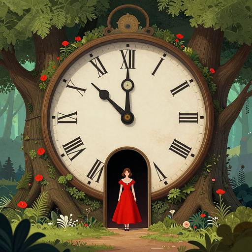 Digital illustration of a giant clock face with Roman numerals, set in a lush forest. A young girl in a red dress stands in the clock's