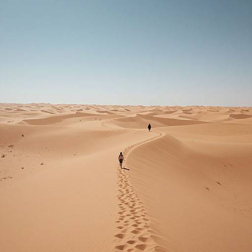 Photograph of two small figures walking in a vast, sunlit desert with dune footprints, under a clear blue sky.