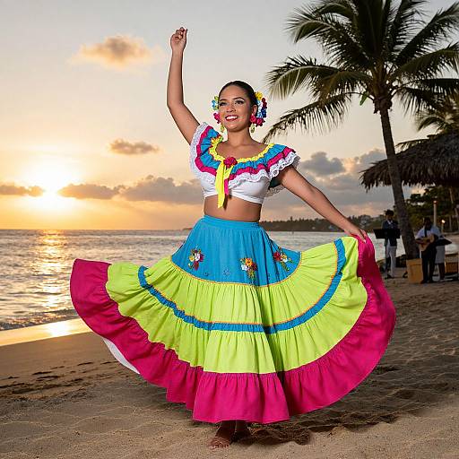 Photograph of a smiling woman in vibrant Mexican dress, white top, multicolored skirt, flower hair accessory, dancing on beach at sunset, palm