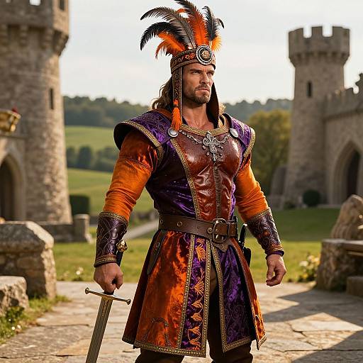 Photograph of a muscular man in medieval armor with orange shirt, purple and brown leather tunic, black feathered helmet, holding sword, standing in