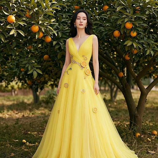Photograph of a fair-skinned woman with long black hair in a yellow, V-neck, floral-embellished gown, standing in an orange
