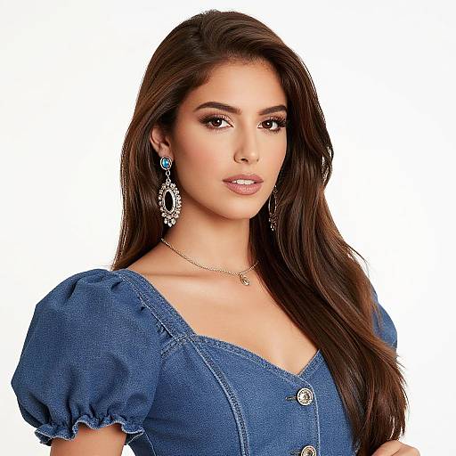 Photograph of a young woman with long brown hair, wearing a blue denim dress with puffed sleeves and silver jewelry, including earrings and a necklace,