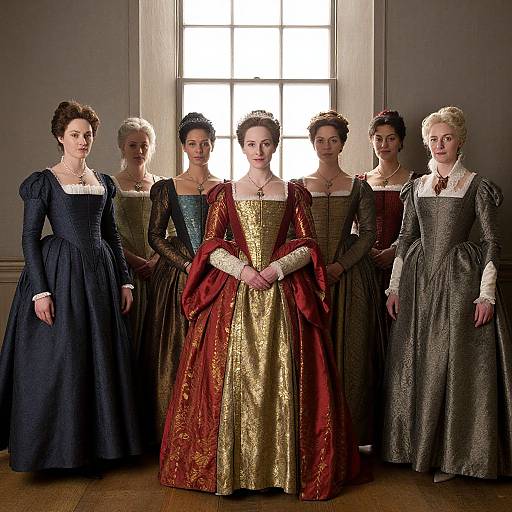 Photograph of six Victorian-era women in ornate gowns, standing in a row before a window, showcasing varying colors and patterns.