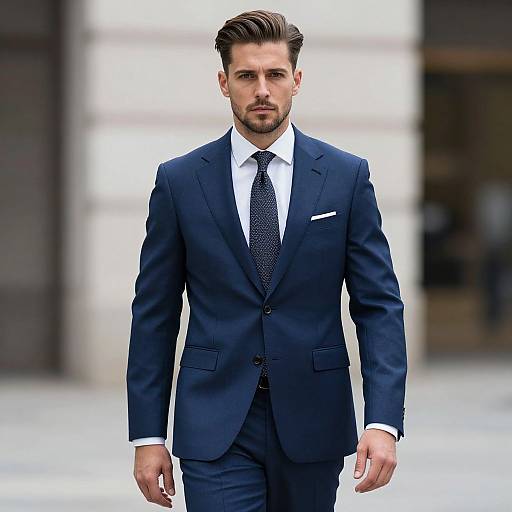 Photograph of a handsome, brown-haired man in a sharp navy suit, white shirt, and black polka-dot tie, walking confidently in an urban