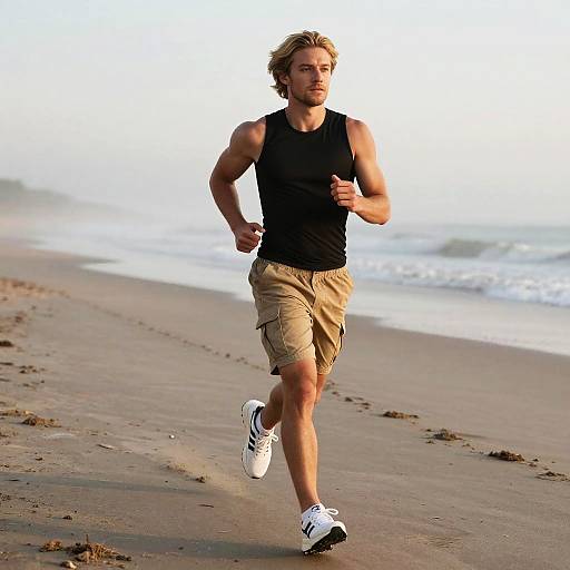 Muscular Man Jogging at Beach Dawn
