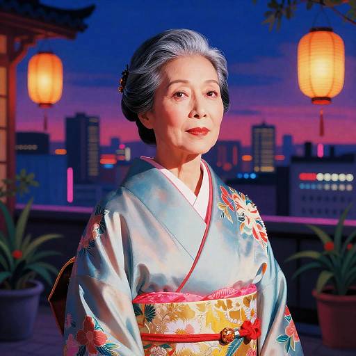 Elegant East Asian Woman in Silk Kimono at Neon Rooftop