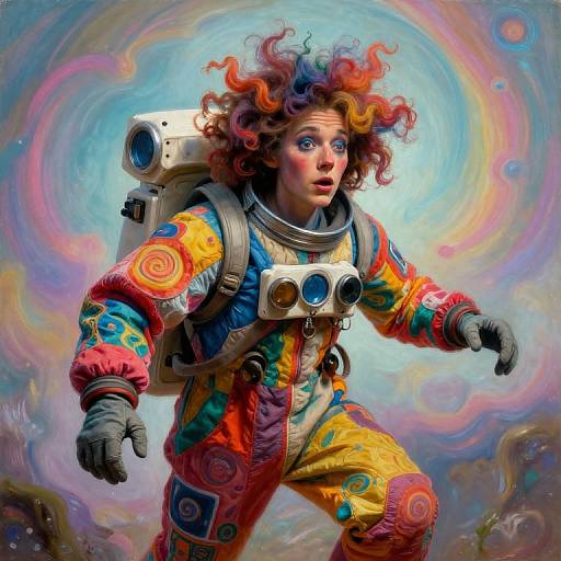 Digital painting of a curly-haired woman in a colorful, psychedelic spacesuit with circular patterns, carrying a backpack with buttons, floating against a swirling, rainbow