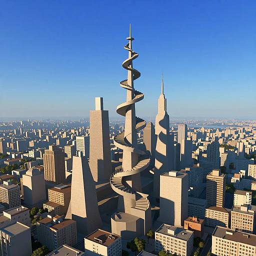 CGI image of a futuristic cityscape with a spiral tower standing tall among rectangular buildings under a clear blue sky.