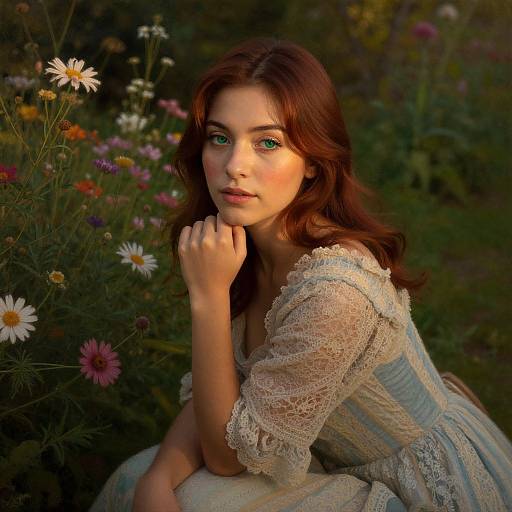 Digital art of a young woman with green eyes, red hair, lace dress, and blue stripes, kneeling in a sunlit, colorful garden.