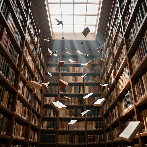 Photograph of a library with towering wooden bookshelves, sunlight streaming from a skylight, and floating books and papers mid-air.