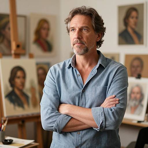 Photograph of a middle-aged man with graying hair and beard, wearing a blue button-up shirt, standing with arms crossed, in an artist's