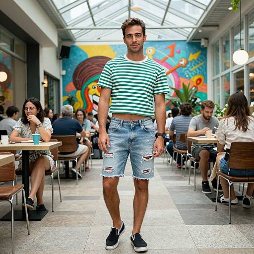 Photograph of a young man with short brown hair, wearing a green-and-white striped shirt, ripped denim shorts, and black slip-on shoes, standing