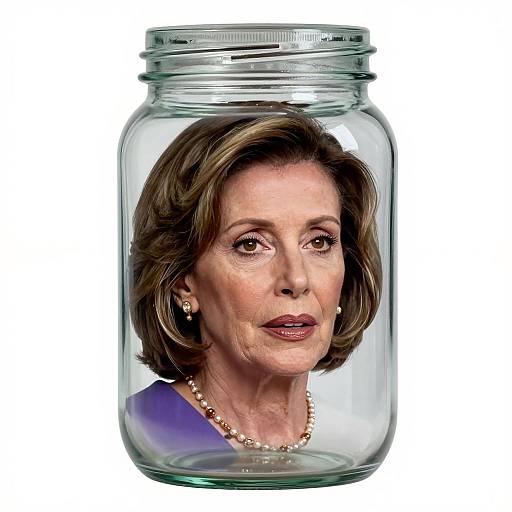 Photograph of a middle-aged woman with short brown hair, wearing a purple top and pearl necklace, enclosed in a clear glass jar with a metal lid