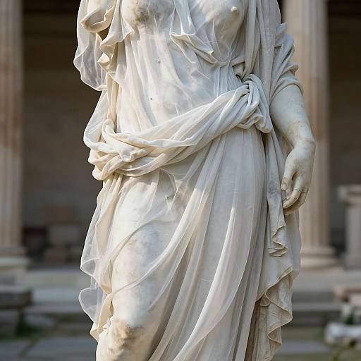 Photograph of a detailed, white marble statue of a classical draped figure, with flowing fabric, visible arm, and soft light highlighting textures, set against