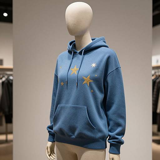 Photograph of a headless mannequin wearing a blue hoodie with gold star embroidery, displayed in a brightly lit clothing store.