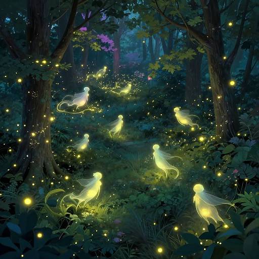 Digital artwork of a moonlit forest with glowing, ethereal fireflies and luminescent, ghostly creatures amidst dense, dark green foliage.
