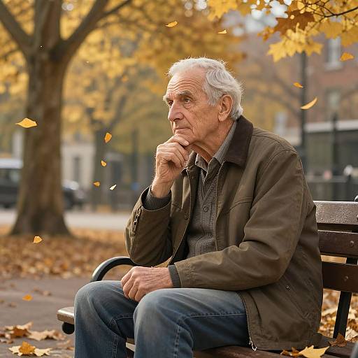 Photograph of an elderly white man with white hair, wearing a brown jacket and blue jeans, sitting on a park bench, lost in thought, surrounded