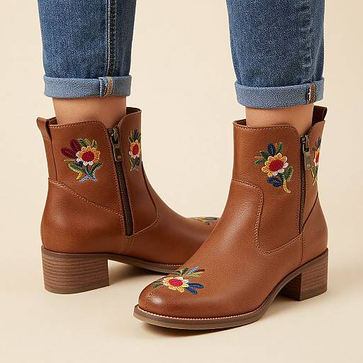 Photograph of a person's feet wearing brown leather ankle boots with colorful floral embroidery, and blue cuffed jeans, against a white background.
