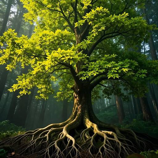 Photograph of a tall, lush green tree with sunlit leaves, exposed roots, in a dense, misty forest, sunlight filtering through.