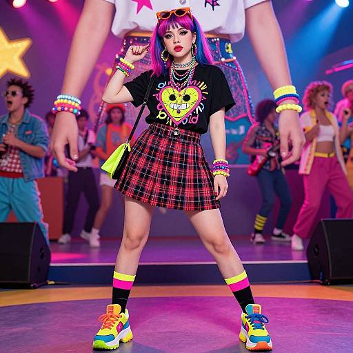 Photograph of a vibrant, punk-inspired young woman with pink and purple hair, wearing a black T-shirt, red plaid skirt, neon accessories,