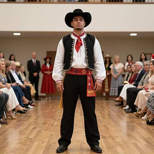Photograph of a man in traditional Spanish flamenco attire, black vest, white shirt, red scarf, black pants, and hat, standing center stage