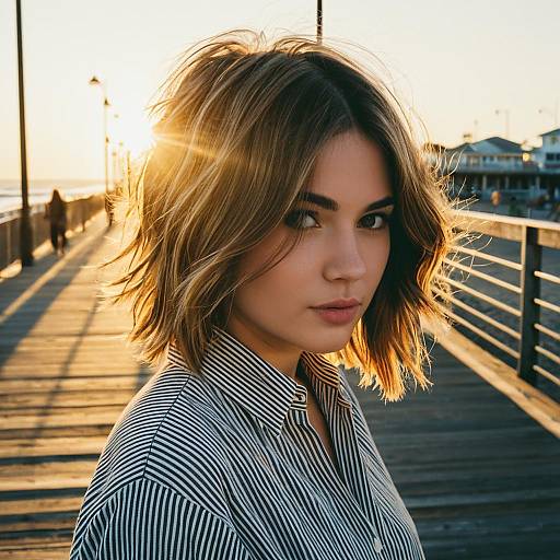 Young Woman with Shag Cut Hairstyle on Beachside Boardwalk