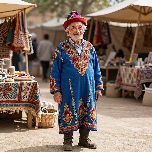 Photograph of an elderly man with gray beard, wearing a blue embroidered robe, red hat, and brown boots, standing at a colorful outdoor market.