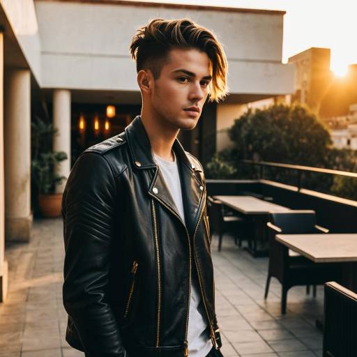 Young Man with Temple Fade Hairstyle and Leather Jacket