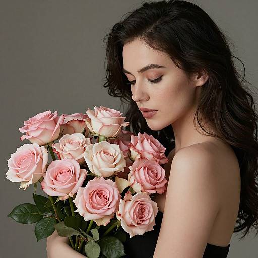 Photograph of a fair-skinned woman with long, wavy dark brown hair, holding a bouquet of pink and white roses, closed eyes, wearing