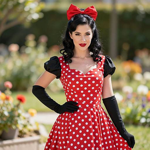 Photograph of a fair-skinned woman with black hair, red polka dot dress, black gloves, red bow, standing in a sunny garden.
