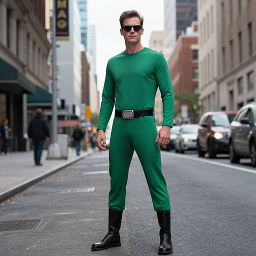 Photograph: Man in green long-sleeve jumpsuit, black belt, black boots, and sunglasses, standing confidently on urban street with cars and