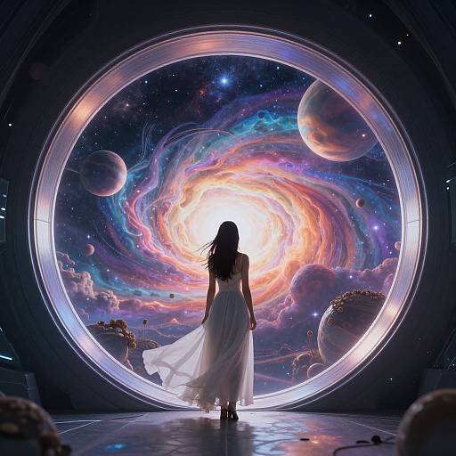 Digital artwork of a woman in a flowing white dress, silhouetted against a glowing, colorful galaxy through a circular portal.