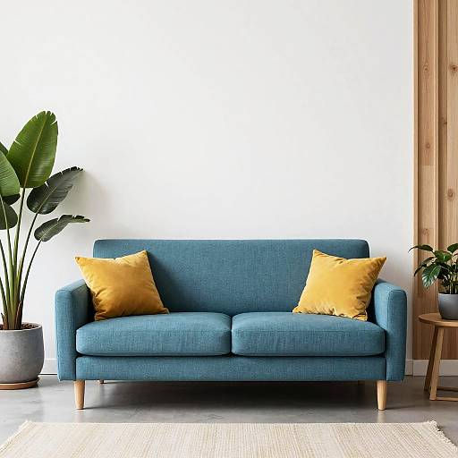 Photograph of a modern blue sofa with two yellow pillows, flanked by a potted plant on the left and wooden side table on the right.