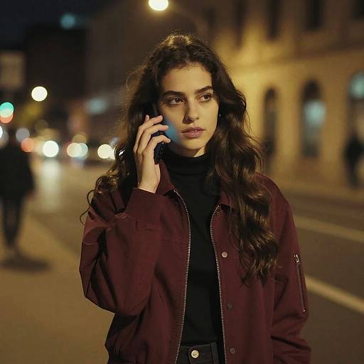 Night photograph of a young woman with long, wavy brown hair, wearing a maroon jacket and black turtleneck, holding a phone to her