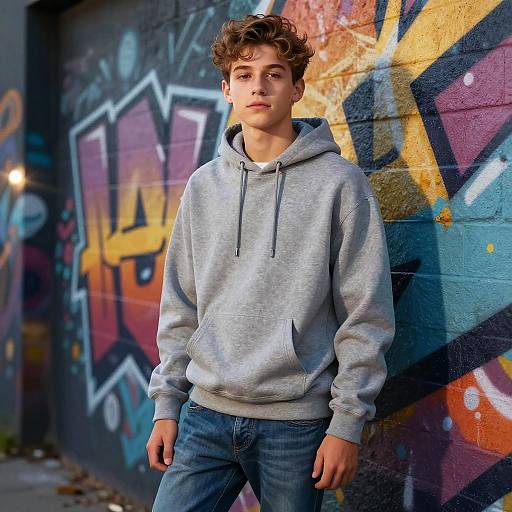 Photograph of a young, Caucasian boy with curly brown hair, wearing a gray hoodie and blue jeans, standing against a colorful graffiti-covered wall at sunset