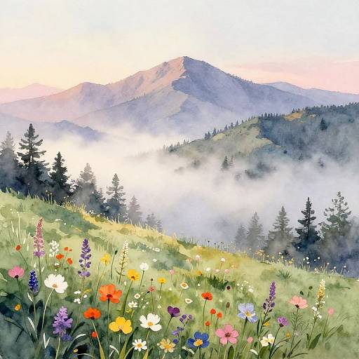 Serene Mountain Dawn Watercolor