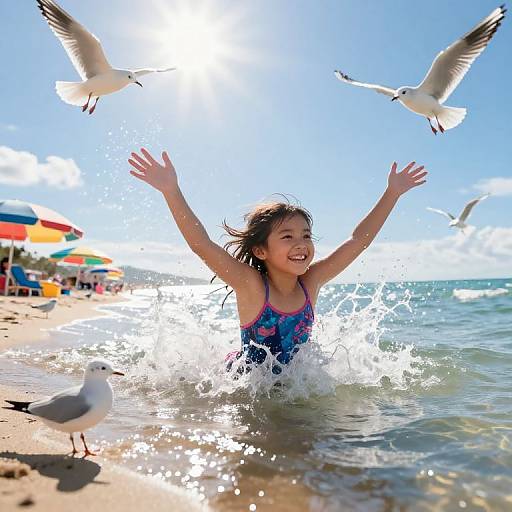 Photograph of a joyful Asian girl with dark hair, wearing a blue swimsuit, splashing in the ocean, arms raised, surrounded by flying se