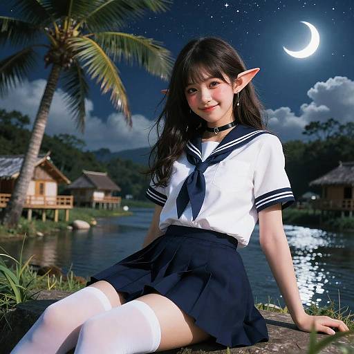 Digital anime-style photograph of a smiling elf girl in a Japanese school uniform, white shirt, black skirt, white thigh-high socks, moonlit night,