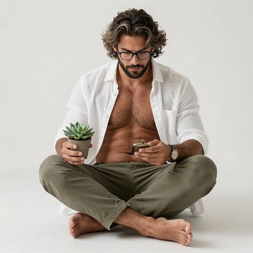 Mature Muscular Man Reading with Succulent