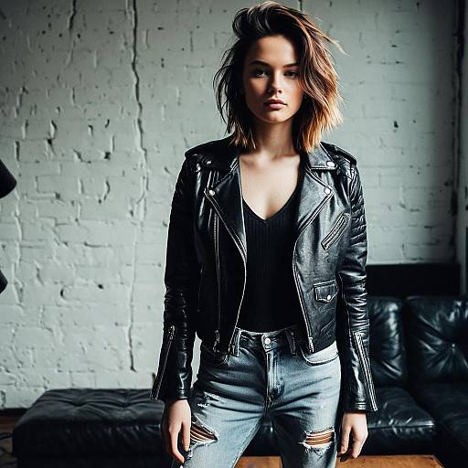 Woman with Textured Layers Hairstyle in Leather Jacket