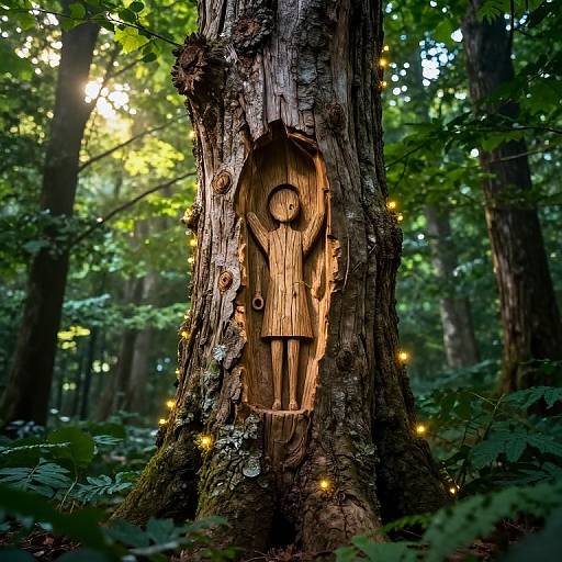 Photograph of a wooden fairy door carved into a tree trunk in a sunlit forest, adorned with glowing fairy lights.