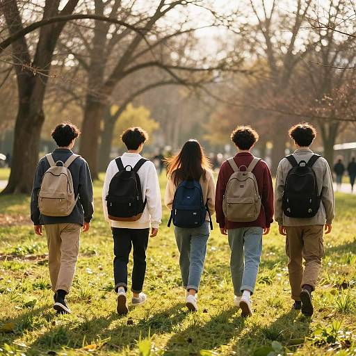 Five Friends Walking Through Sunlit Park