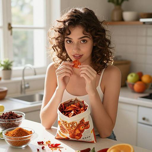 Young Woman Enjoying Spicy Chips at Home