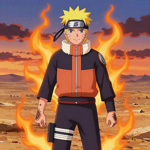 Anime-style drawing of Naruto, with spiky blonde hair and forehead protector, standing in a desert at sunset surrounded by orange flames.
